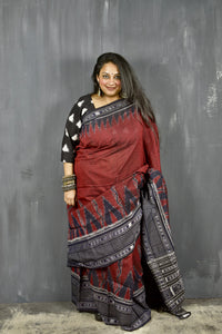 SAMBALPURI SINGLE IKAT BERRY RED  COTTON SAREE WITH IKAT BLOUSE PIECE