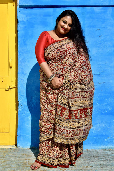 HANDBLOCK MACHILIPATNAM KALAMKARI COTTON SAREE - Neevi by Ridhima