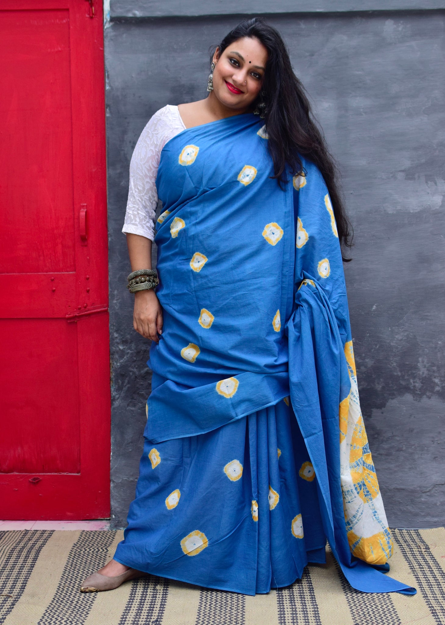 SHIBORI MUL COTTON TEAL - MUSTARD SAREE - Neevi by Ridhima