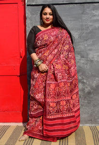 NARI KUNJAR POPAT PHOOL BHAT SANGRIA RED SINGLE IKAT COTTON PATOLA SAREE - Neevi by Ridhima