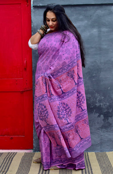 HANDBLOCK MUL COTTON PINK SAREE - Neevi by Ridhima