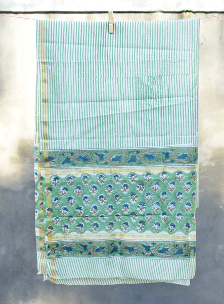 HANDBLOCK PRINTED UNSTITCHED 3 PIECE GREEN CHANDERI SUIT SET WITH CHANDERI DUPATTA - Neevi by Ridhima