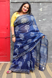 INDIGO HAND BLOCK PRINT CHANDERI COTTON SILK SAREE WITH ZARI BORDER - Neevi by Ridhima