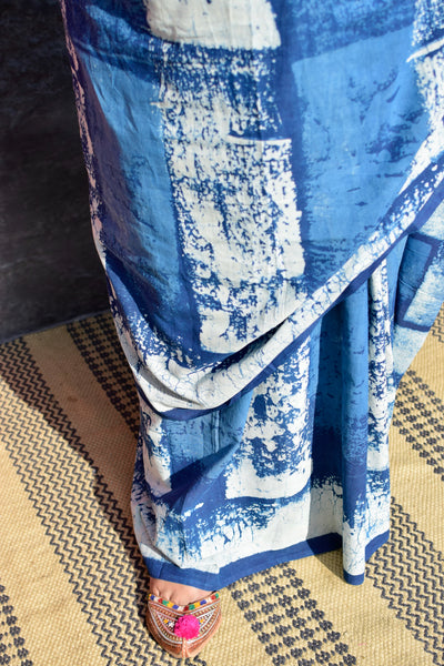 HANDBLOCK MUL COTTON INDIGO SAREE - Neevi by Ridhima