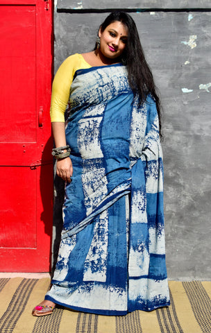 HANDBLOCK MUL COTTON INDIGO SAREE - Neevi by Ridhima