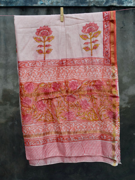 HANDBLOCK PRINTED UNSTITCHED 3 PIECE PEACH CHANDERI SUIT SET WITH CHANDERI DUPATTA - Neevi by Ridhima