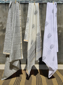 HANDBLOCK PRINTED UNSTITCHED 3 PIECE GREY CHANDERI SUIT SET WITH CHANDERI DUPATTA - Neevi by Ridhima