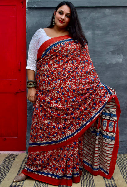 HANDBLOCK MUL COTTON RED SAREE - Neevi by Ridhima