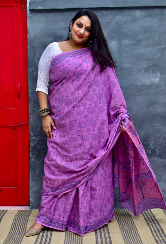 HANDBLOCK MUL COTTON PINK SAREE - Neevi by Ridhima