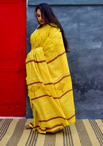 HANDBLOCK MUL COTTON YELLOW SAREE - Neevi by Ridhima