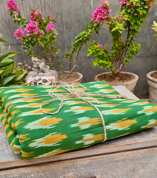 POCHAMPALLY GREEN - YELLOW SINGLE IKAT COTTON FABRIC