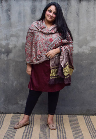 HANDBLOCK MODAL SILK AJRAKH LAGDI PATTA BROWN DUPATTA - Neevi by Ridhima