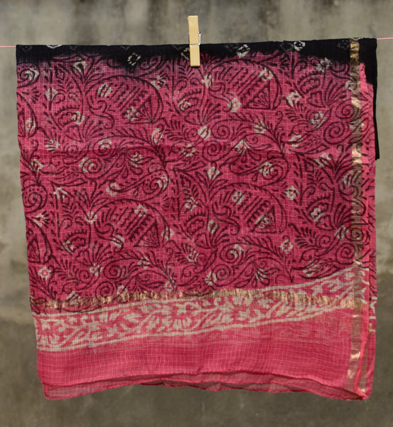 HANDBLOCK PRINTED UNSTITCHED 3 PIECE PINK COTTON SUIT SET  WITH KOTA DORIA DUPATTA - Neevi by Ridhima