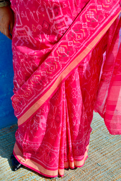 KUNJAR BHAT PINK SINGLE IKAT COTTON PATOLA SAREE - Neevi by Ridhima