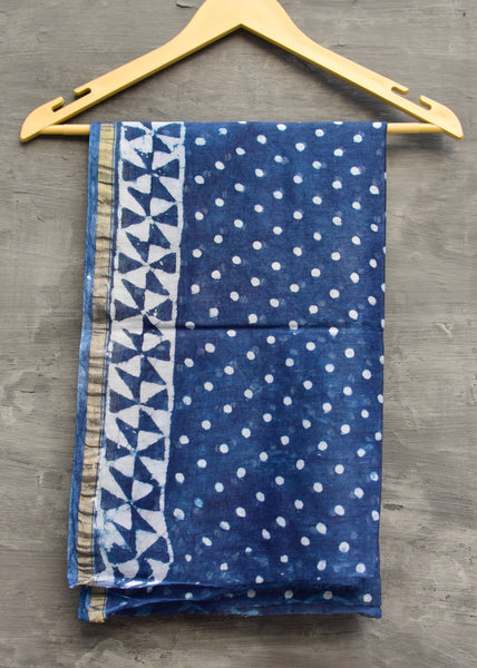 INDIGO HAND BLOCK PRINT CHANDERI COTTON SILK SAREE WITH ZARI BORDER - Neevi by Ridhima