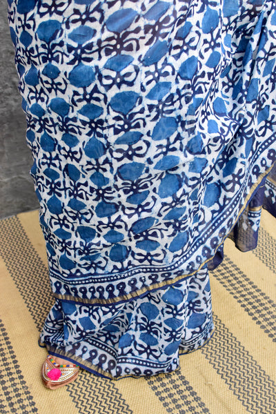 INDIGO HAND BLOCK PRINT CHANDERI COTTON SILK SAREE WITH ZARI BORDER - Neevi by Ridhima