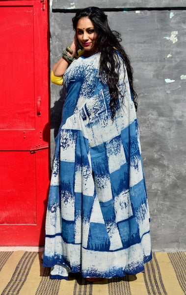 HANDBLOCK MUL COTTON INDIGO SAREE - Neevi by Ridhima