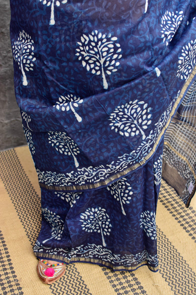 INDIGO HAND BLOCK PRINT CHANDERI COTTON SILK SAREE WITH ZARI BORDER - Neevi by Ridhima