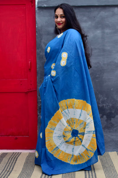 SHIBORI MUL COTTON TEAL - MUSTARD SAREE - Neevi by Ridhima