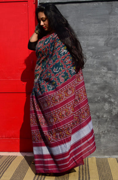 ASHWA HANS MEEN PATANGA BHAT PRUSSIAN BLUE SINGLE IKAT COTTON PATOLA SAREE - Neevi by Ridhima