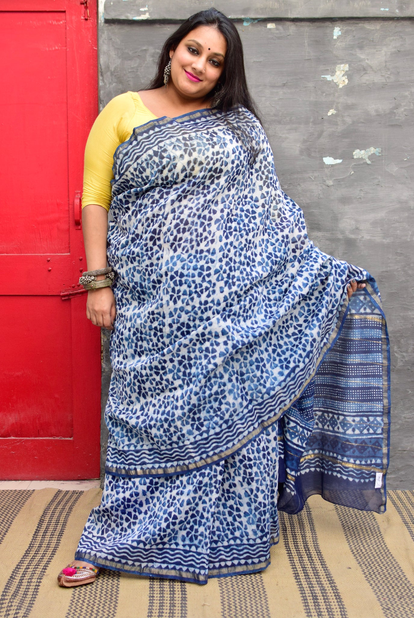 INDIGO HAND BLOCK PRINT CHANDERI COTTON SILK SAREE WITH ZARI BORDER - Neevi by Ridhima