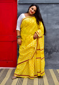 HANDBLOCK MUL COTTON YELLOW SAREE - Neevi by Ridhima