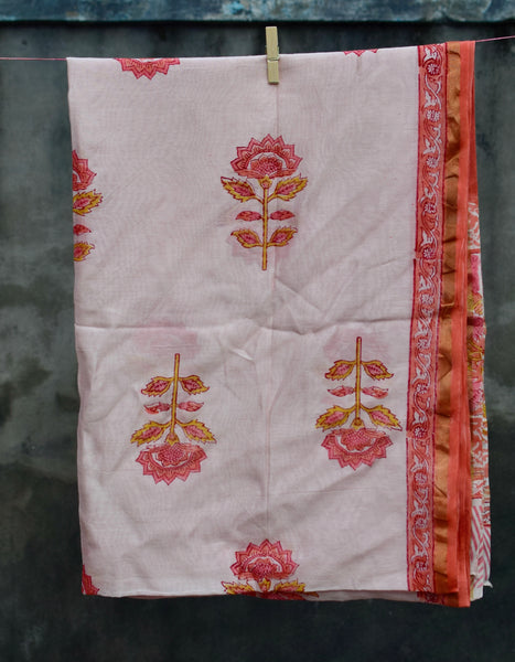 HANDBLOCK PRINTED UNSTITCHED 3 PIECE PEACH CHANDERI SUIT SET WITH CHANDERI DUPATTA - Neevi by Ridhima