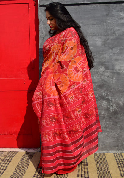 KUNJAR BHAT RASPBERRY RED-APRICOT ORANGE SINGLE IKAT COTTON PATOLA SAREE - Neevi by Ridhima