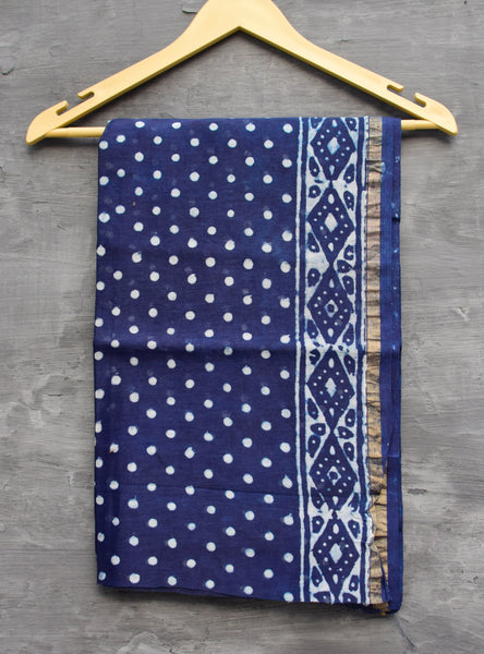 INDIGO HAND BLOCK PRINT CHANDERI COTTON SILK SAREE WITH ZARI BORDER - Neevi by Ridhima