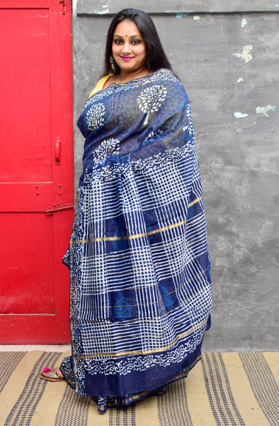 INDIGO HAND BLOCK PRINT CHANDERI COTTON SILK SAREE WITH ZARI BORDER - Neevi by Ridhima