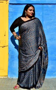 AJRAKH HANDBLOCK INDIGO MODAL SILK SAREE - Neevi by Ridhima