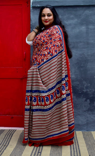 HANDBLOCK MUL COTTON RED SAREE - Neevi by Ridhima