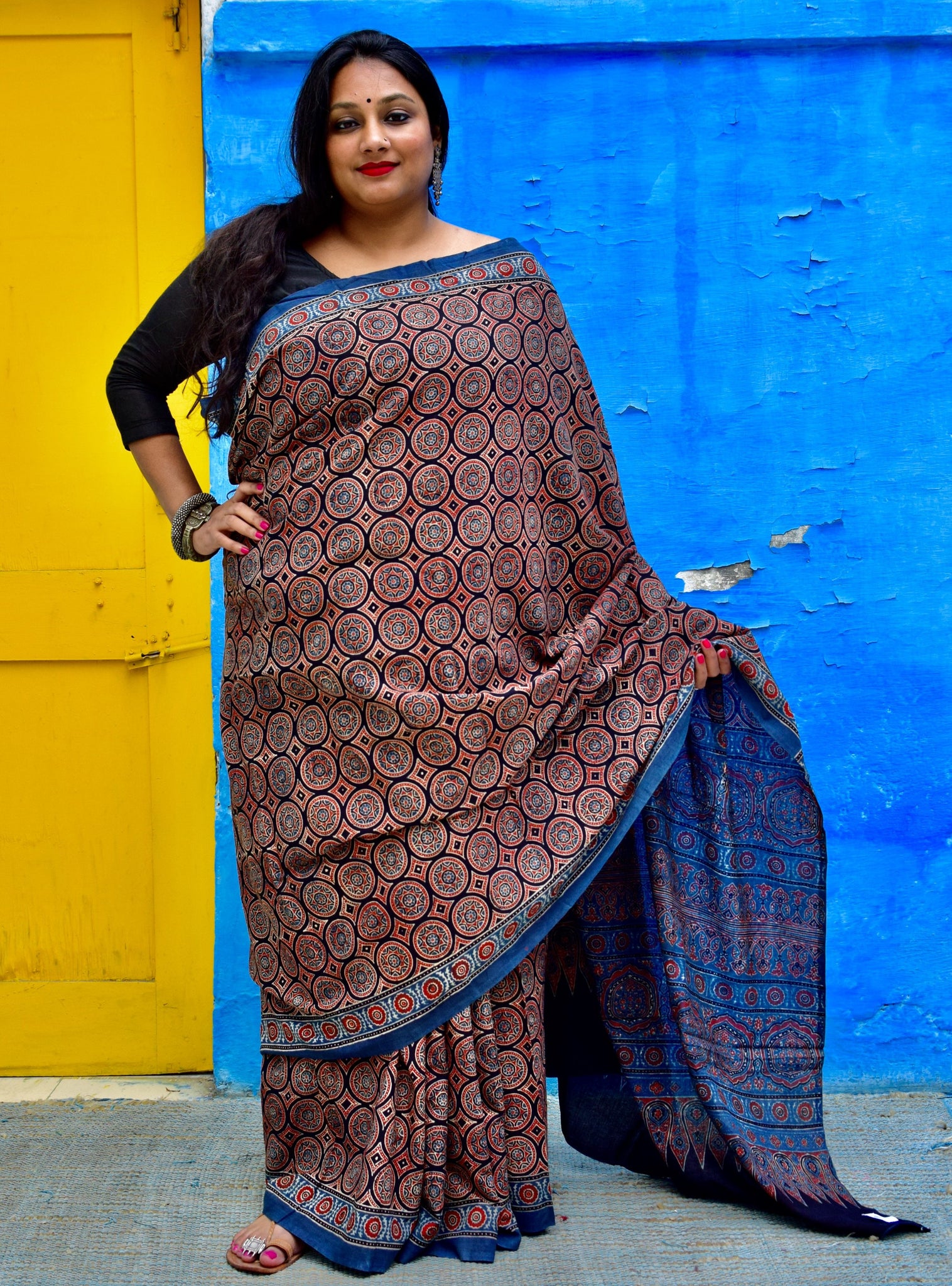 Indigo Tree Printed Cotton Saree – Label Krisha