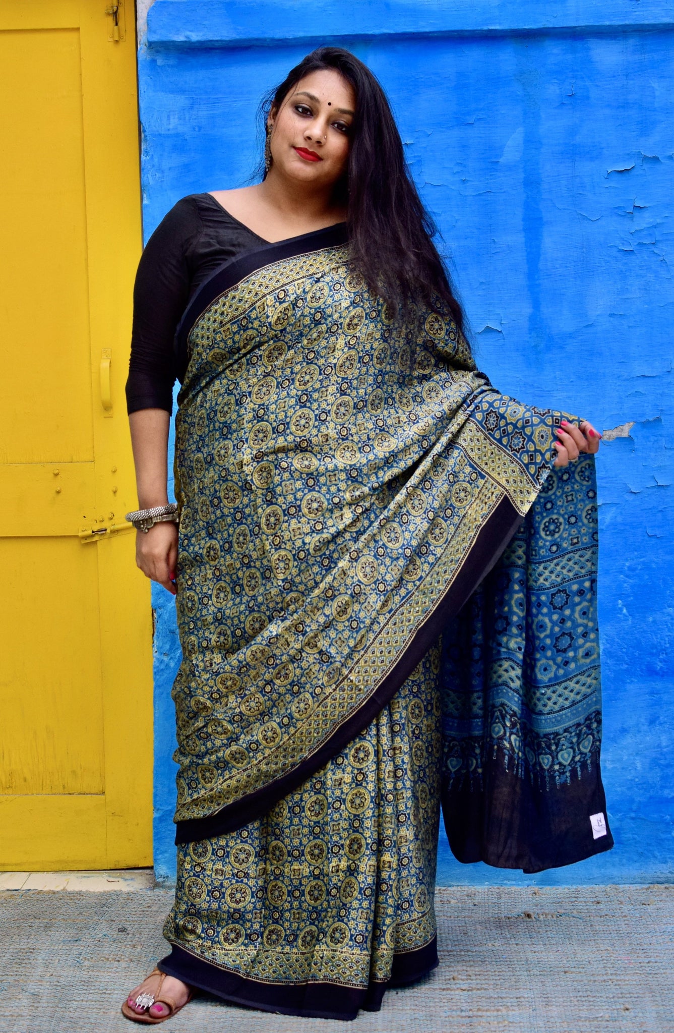 AJRAKH HANDBLOCK YELLOW-INDIGO MODAL SILK SAREE - Neevi by Ridhima