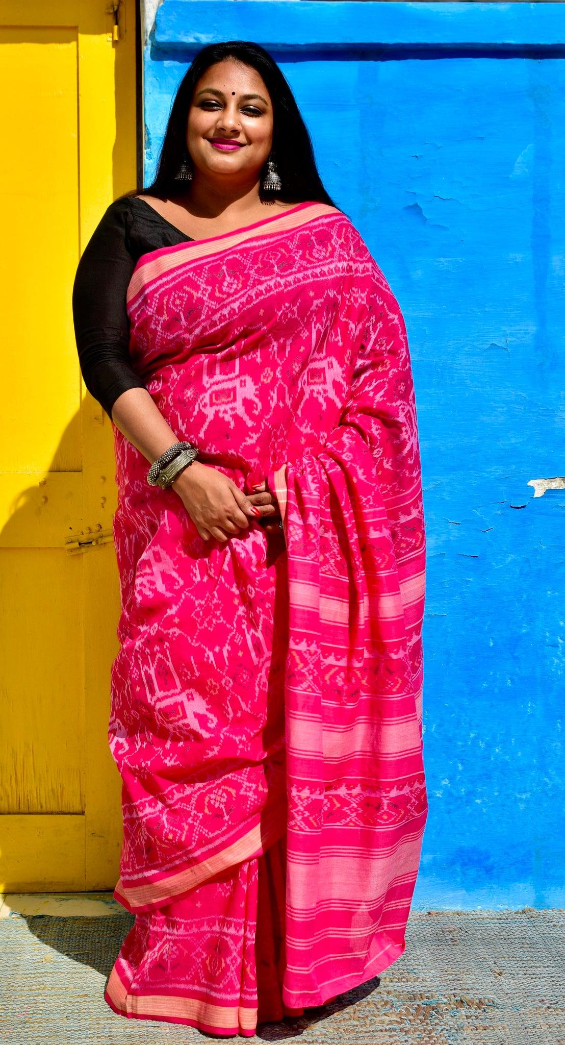 KUNJAR BHAT PINK SINGLE IKAT COTTON PATOLA SAREE - Neevi by Ridhima