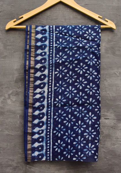 INDIGO HAND BLOCK PRINT CHANDERI COTTON SILK SAREE WITH ZARI BORDER - Neevi by Ridhima