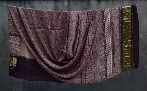 HANDBLOCK MODAL SILK AJRAKH LAGDI PATTA BROWN DUPATTA - Neevi by Ridhima