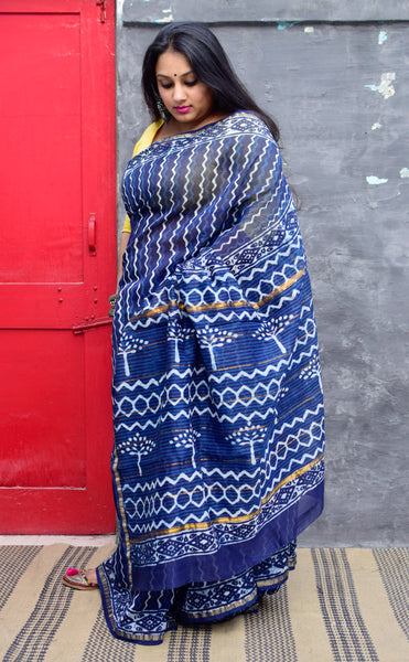 INDIGO HAND BLOCK PRINT CHANDERI COTTON SILK SAREE WITH ZARI BORDER - Neevi by Ridhima