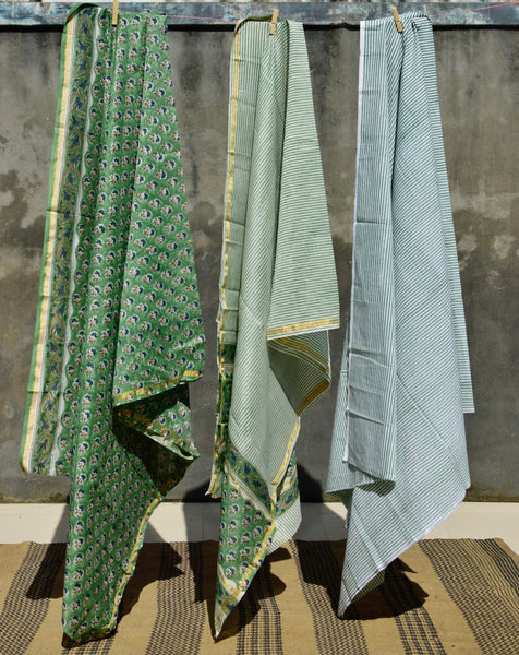 HANDBLOCK PRINTED UNSTITCHED 3 PIECE GREEN CHANDERI SUIT SET WITH CHANDERI DUPATTA - Neevi by Ridhima