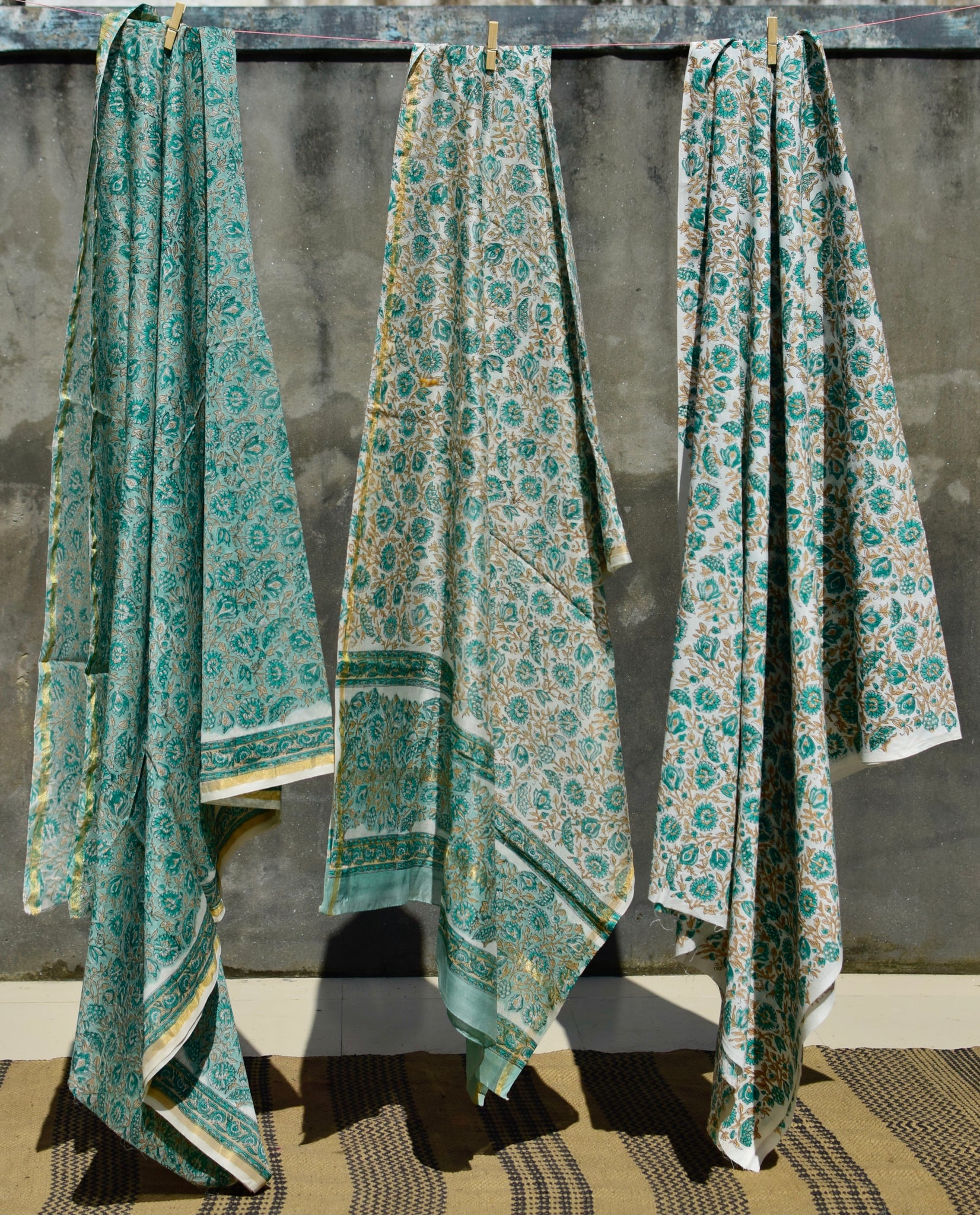 HANDBLOCK PRINTED UNSTITCHED 3 PIECE MINT CHANDERI SUIT SET WITH CHANDERI DUPATTA - Neevi by Ridhima