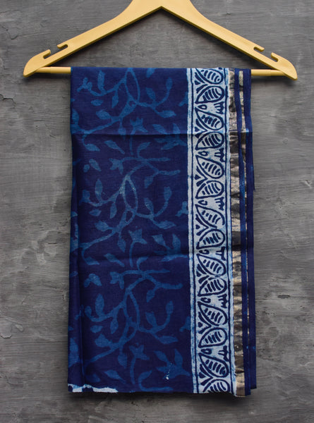 INDIGO HAND BLOCK PRINT CHANDERI COTTON SILK SAREE WITH ZARI BORDER - Neevi by Ridhima