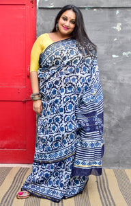 INDIGO HAND BLOCK PRINT CHANDERI COTTON SILK SAREE WITH ZARI BORDER - Neevi by Ridhima