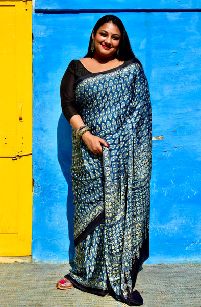 AJRAKH HANDBLOCK INDIGO MODAL SILK SAREE - Neevi by Ridhima