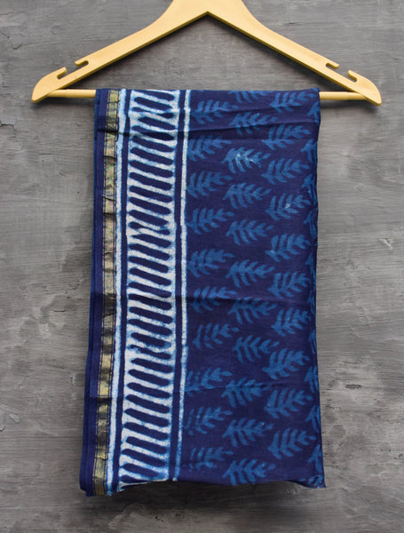 INDIGO HAND BLOCK PRINT CHANDERI COTTON SILK SAREE WITH ZARI BORDER - Neevi by Ridhima