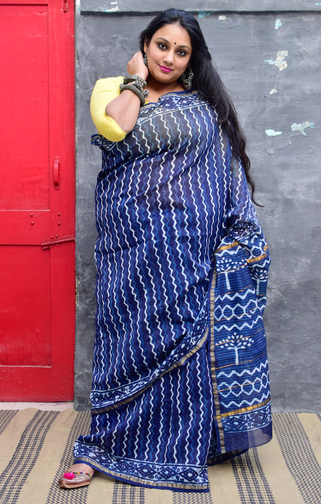 Indigo Hand BlockPrint Chanderi Silk Cotton Saree – RKG SHOPPING