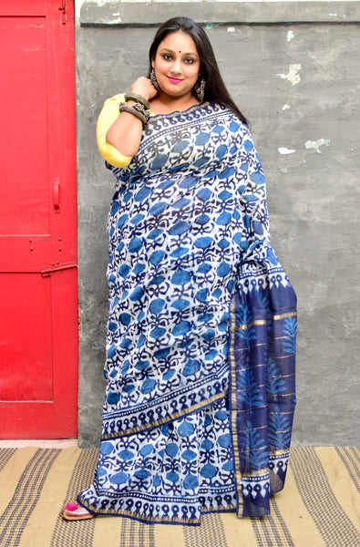 INDIGO HAND BLOCK PRINT CHANDERI COTTON SILK SAREE WITH ZARI BORDER - Neevi by Ridhima