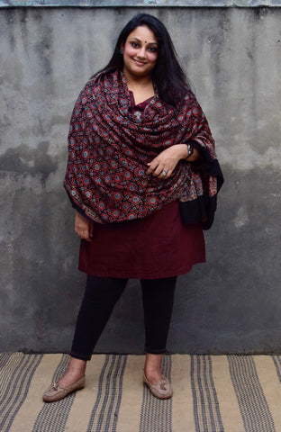 HANDBLOCK MODAL SILK AJRAKH BLACK DUPATTA - Neevi by Ridhima