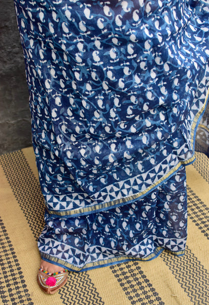 INDIGO HAND BLOCK PRINT CHANDERI COTTON SILK SAREE WITH ZARI BORDER - Neevi by Ridhima