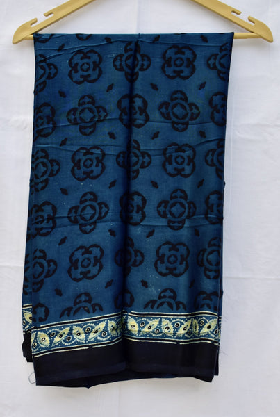 AJRAKH HANDBLOCK INDIGO MODAL SILK SAREE - Neevi by Ridhima