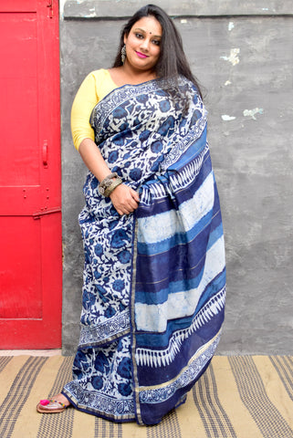 INDIGO HAND BLOCK PRINT CHANDERI COTTON SILK SAREE WITH ZARI BORDER - Neevi by Ridhima